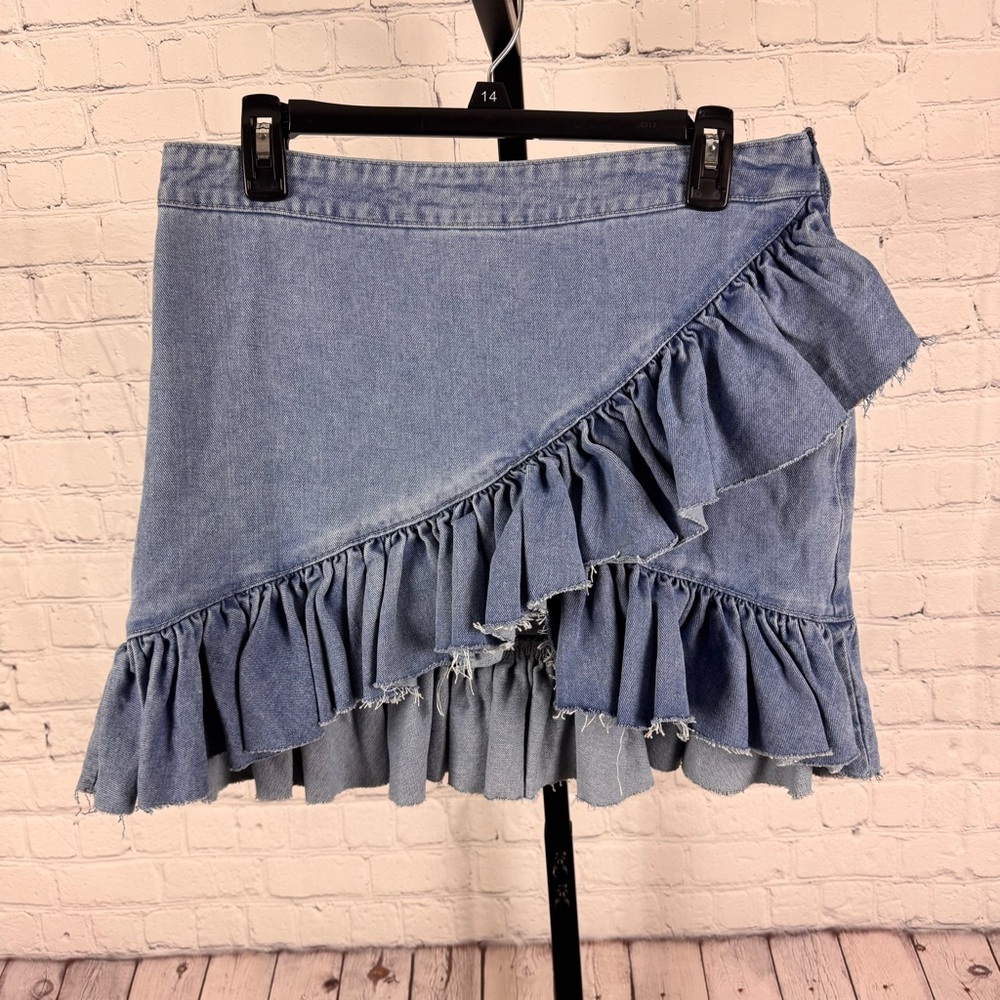 Nasty Gal Asymmetrical Ruffle Hem Denim Mini Skirt Light Blue Size 10